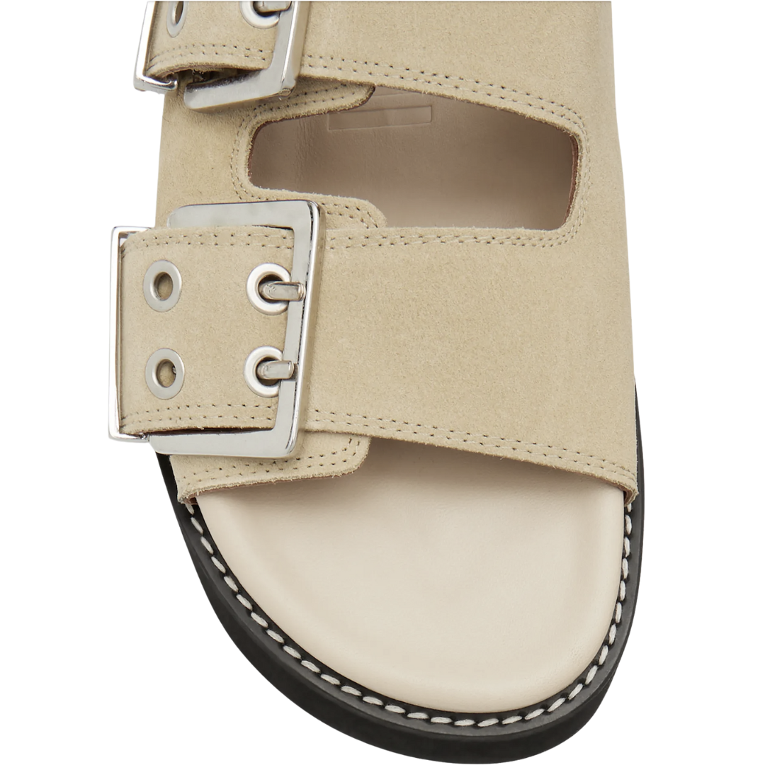 Wide Welt Chunky Buckle Flat Sandal Suede in Pale Khaki