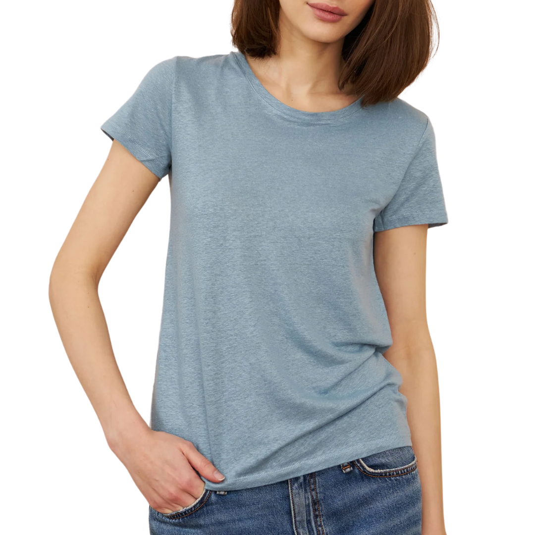 Stretch Linen Short Sleeve Crewneck in Ocean