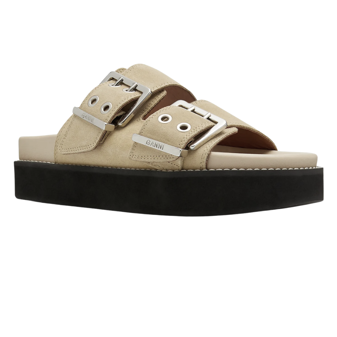 Wide Welt Chunky Buckle Flat Sandal Suede in Pale Khaki