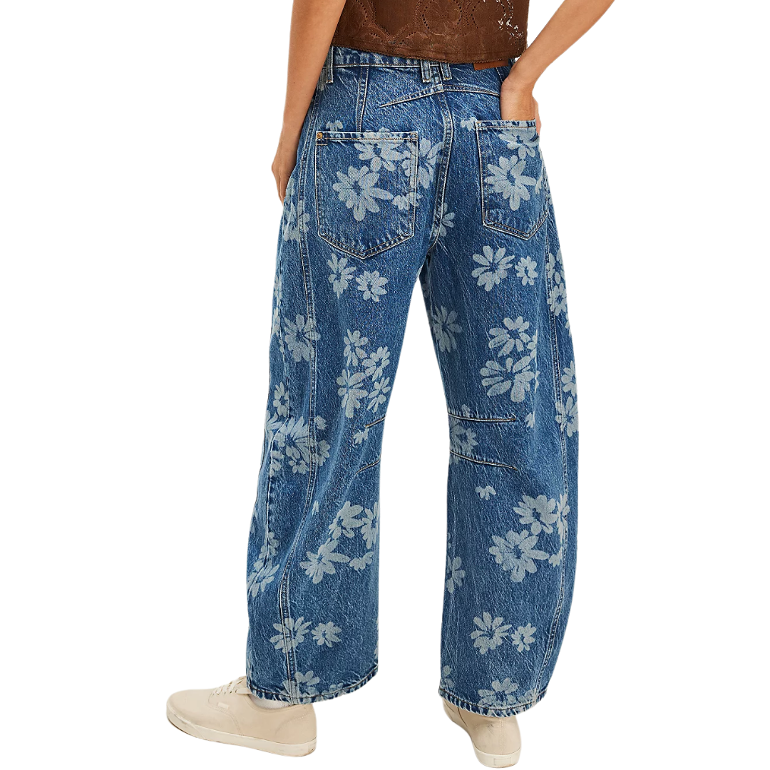 We The Free Good Luck Printed Barrel Jeans in Indigo Combo Laser Daisy
