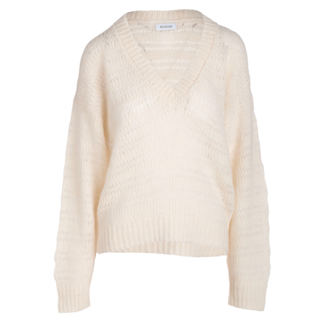 Alpaca Blend Open Stitch V-Neck in White