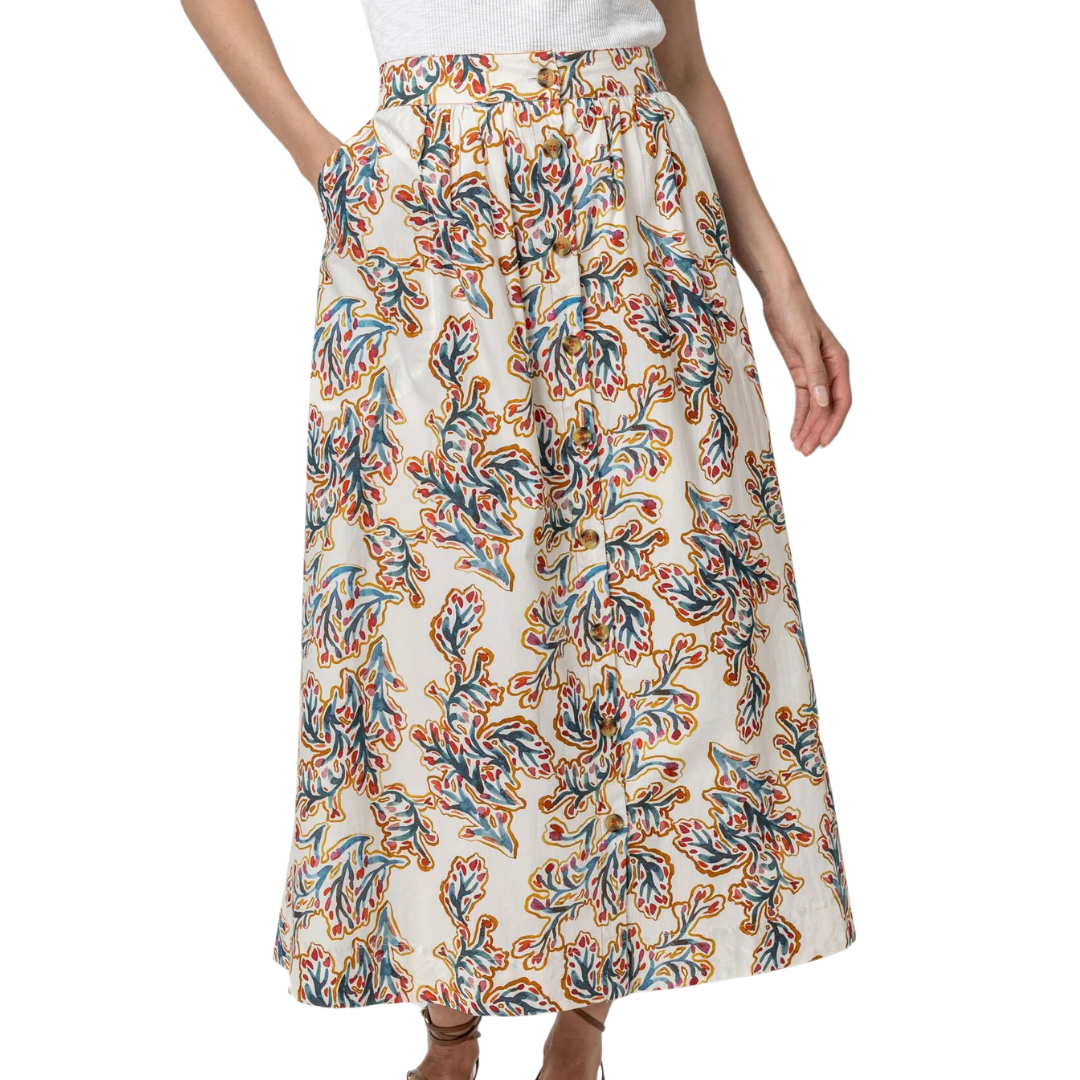 Button Front Long Skirt in Spring Watercolor