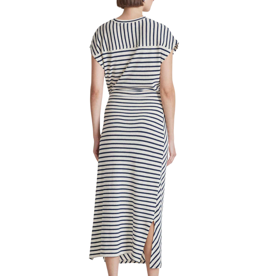 Vanina Cinched Waist Dress in Navy Cream Stripe