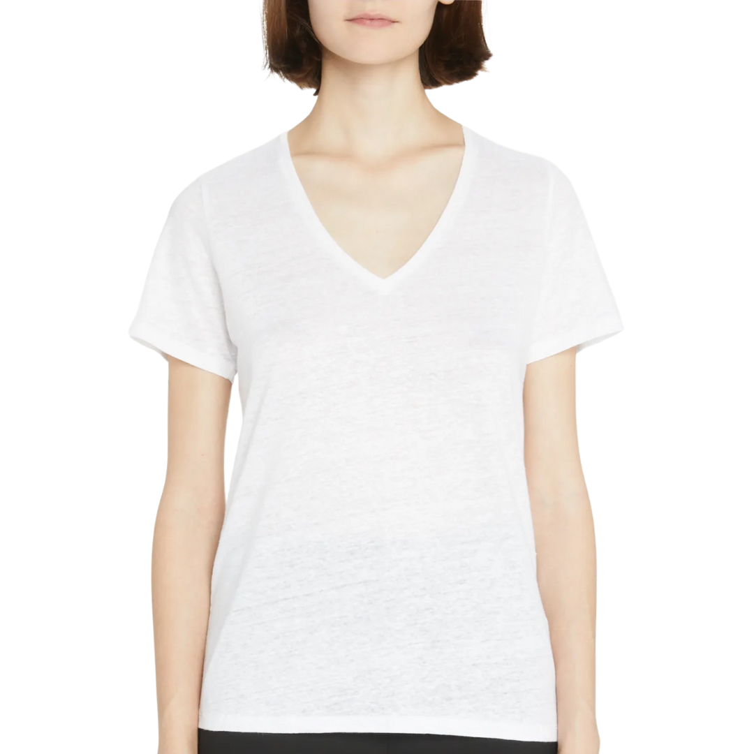 Stretch Linen Short Sleeve Semi Relaxed V-Neck in Blanc