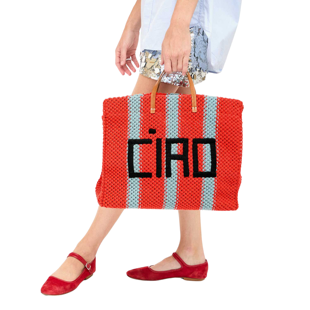 Summer Simple Tote in Bright Pop Sunfaded Blue Crochet Stripe w/ Ciao