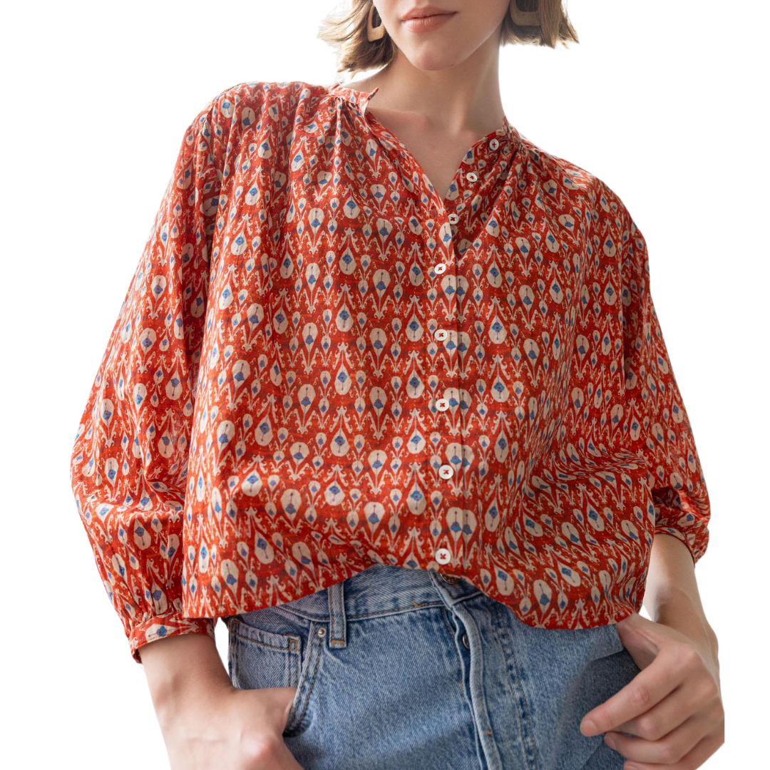 Long Sleeve Shirred Blouse in Chili Print