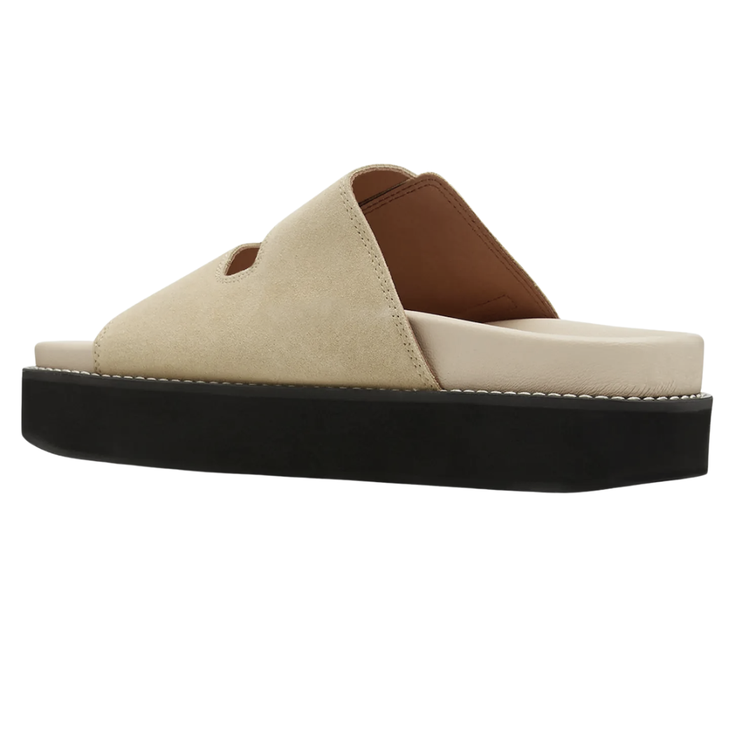 Wide Welt Chunky Buckle Flat Sandal Suede in Pale Khaki