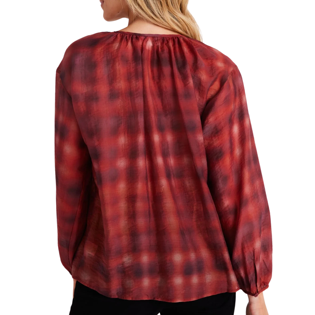 Shirred Neck Blouse in Blurred Plaid Print