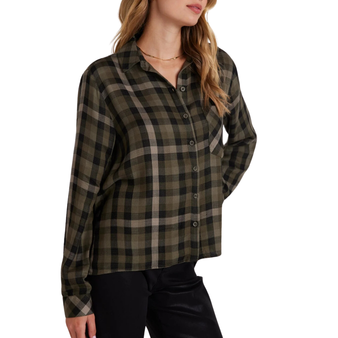 Slouchy Pocket Button Down in Olive Plaid