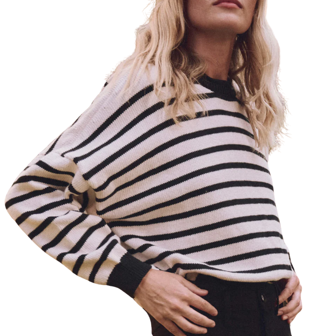 The Roll Neck Pullover in Black and Cream Stripe
