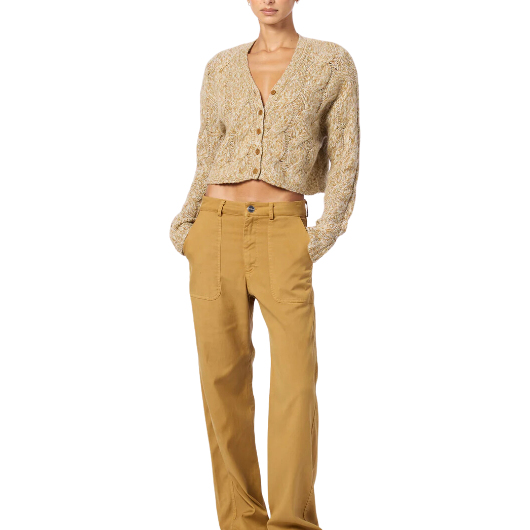 Jolie V-Neck Cropped Cable Cashmere Cardigan in Marled Matte Gold