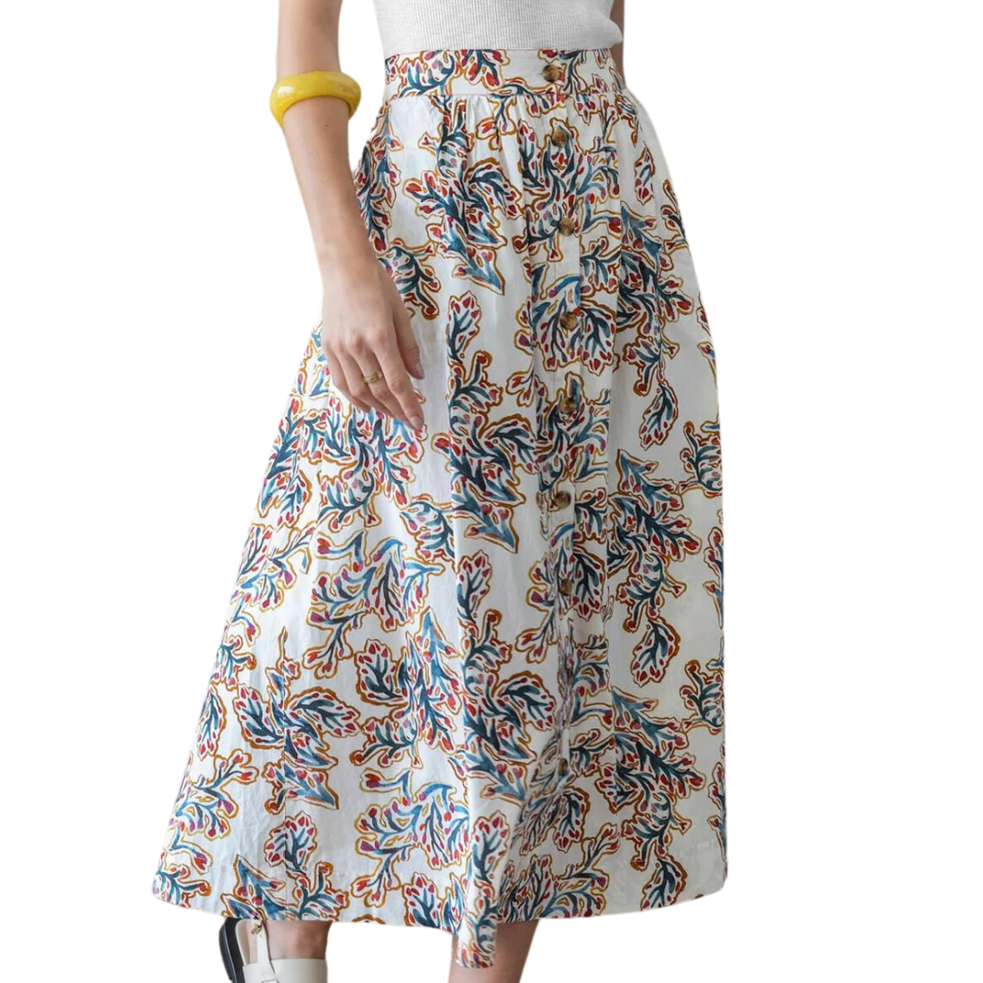 Button Front Long Skirt in Spring Watercolor