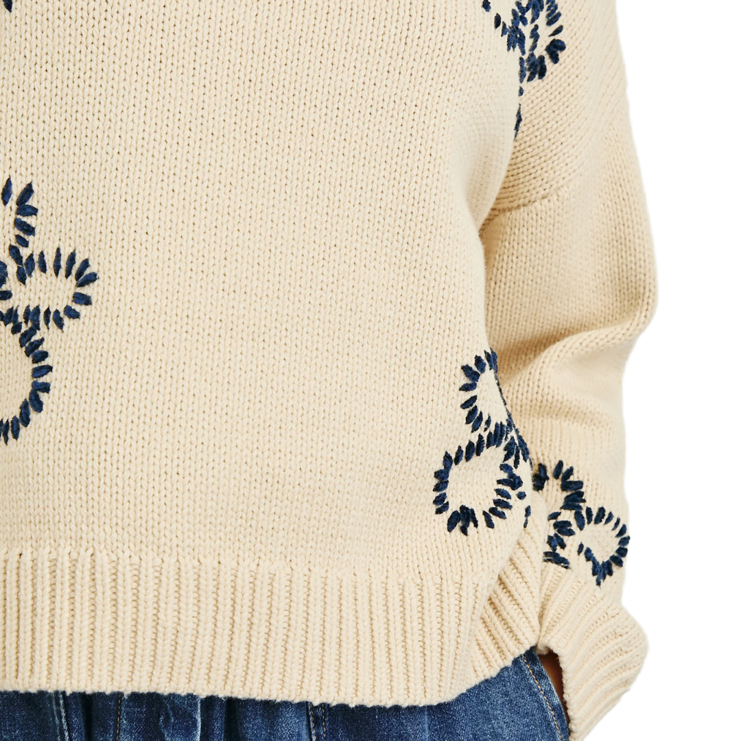 Zoey Sweater in Ivory Navy Stitched Daisies