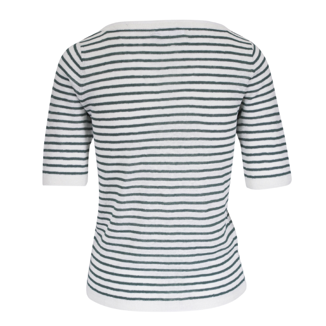 Linen Knit Stripe Elbow Sleeve Crewneck in Agave