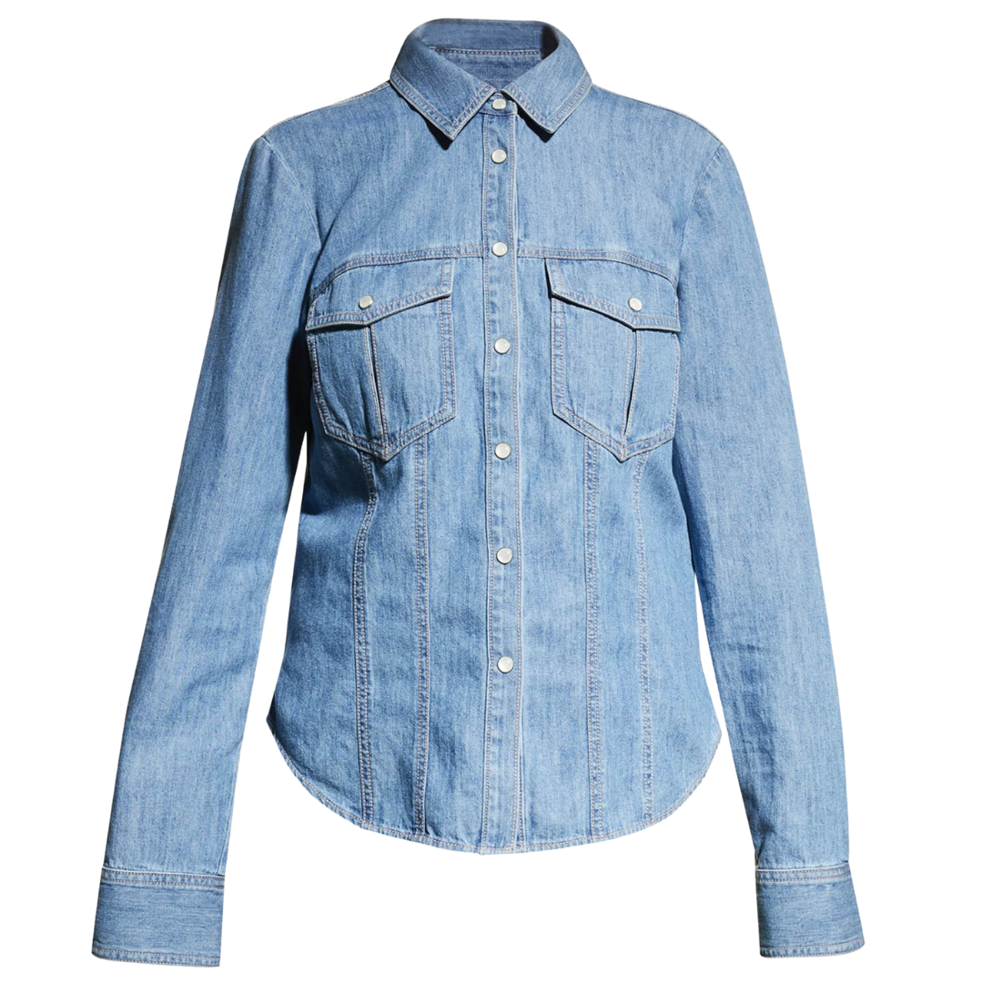 Crawford Seamed Snap-Front Denim Shirt in Mystic Blue