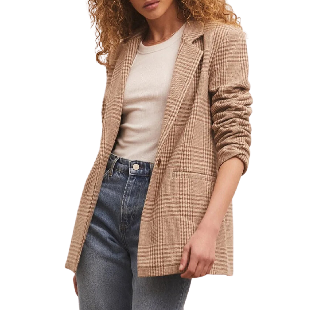 Anna Plaid Blazer in Milk Shake