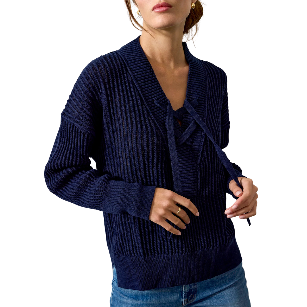 The Organic Famke Tie Neck Sweater in Hale Navy