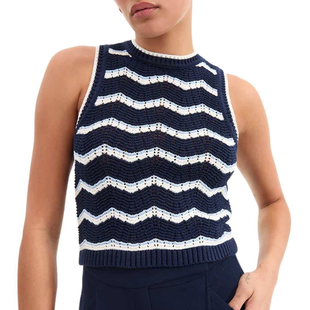 Jerrel Cropped Knit Tank Top in Navy/Off-White/Bluebell