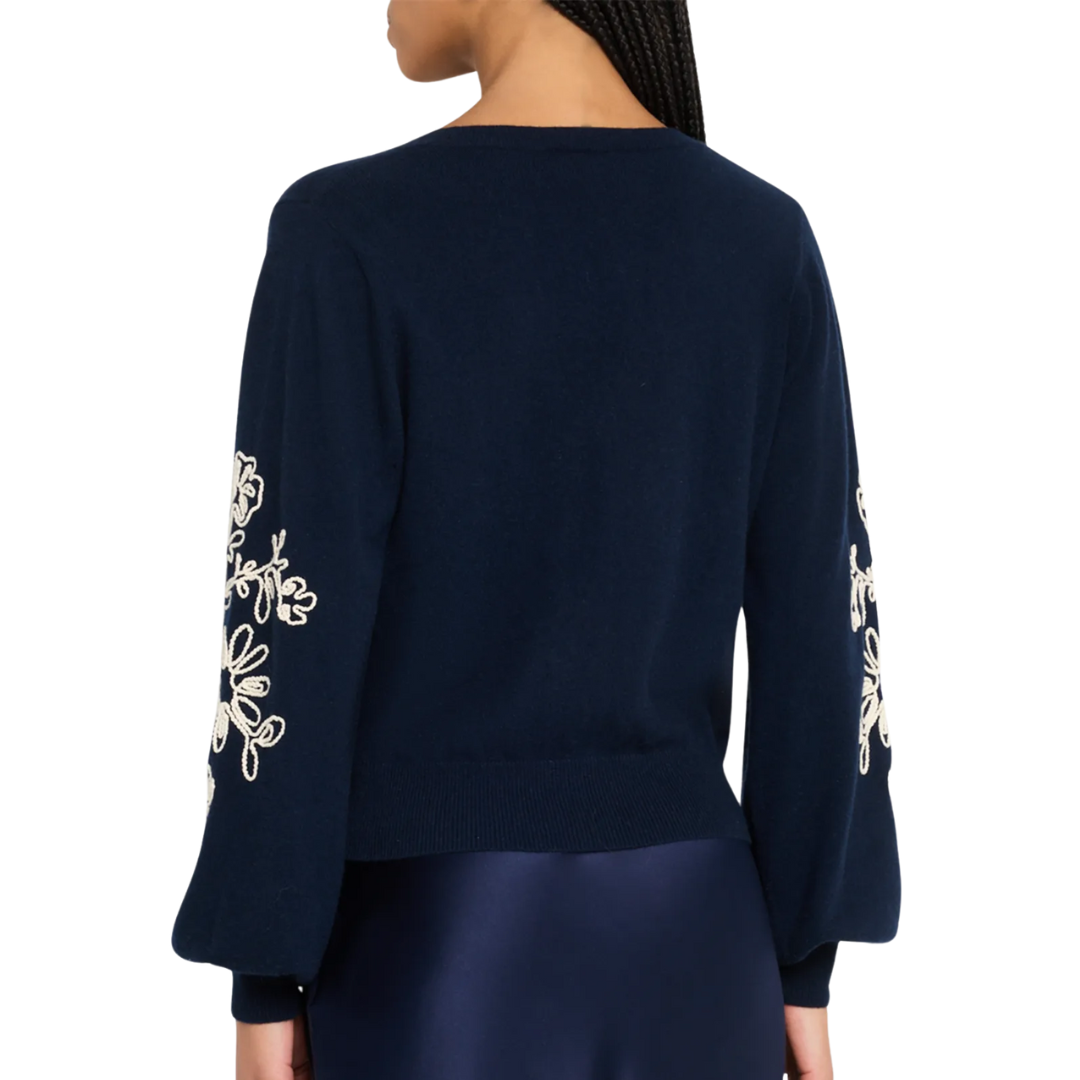 Puff Sleeve V w/ Contrast Embroidery in Navy Combo