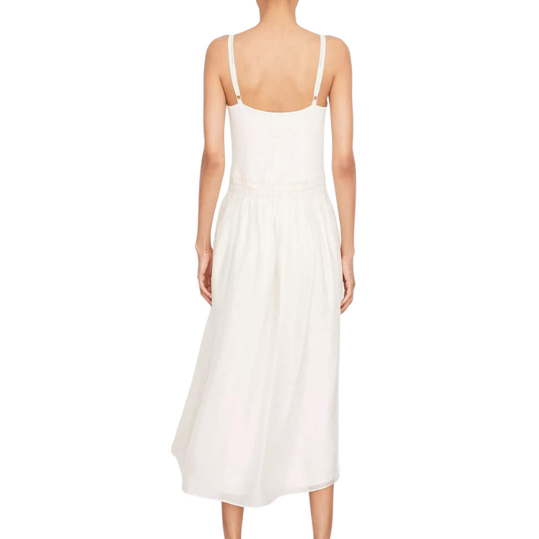 Smocked Mixed-Media Camisole Dress in Off White