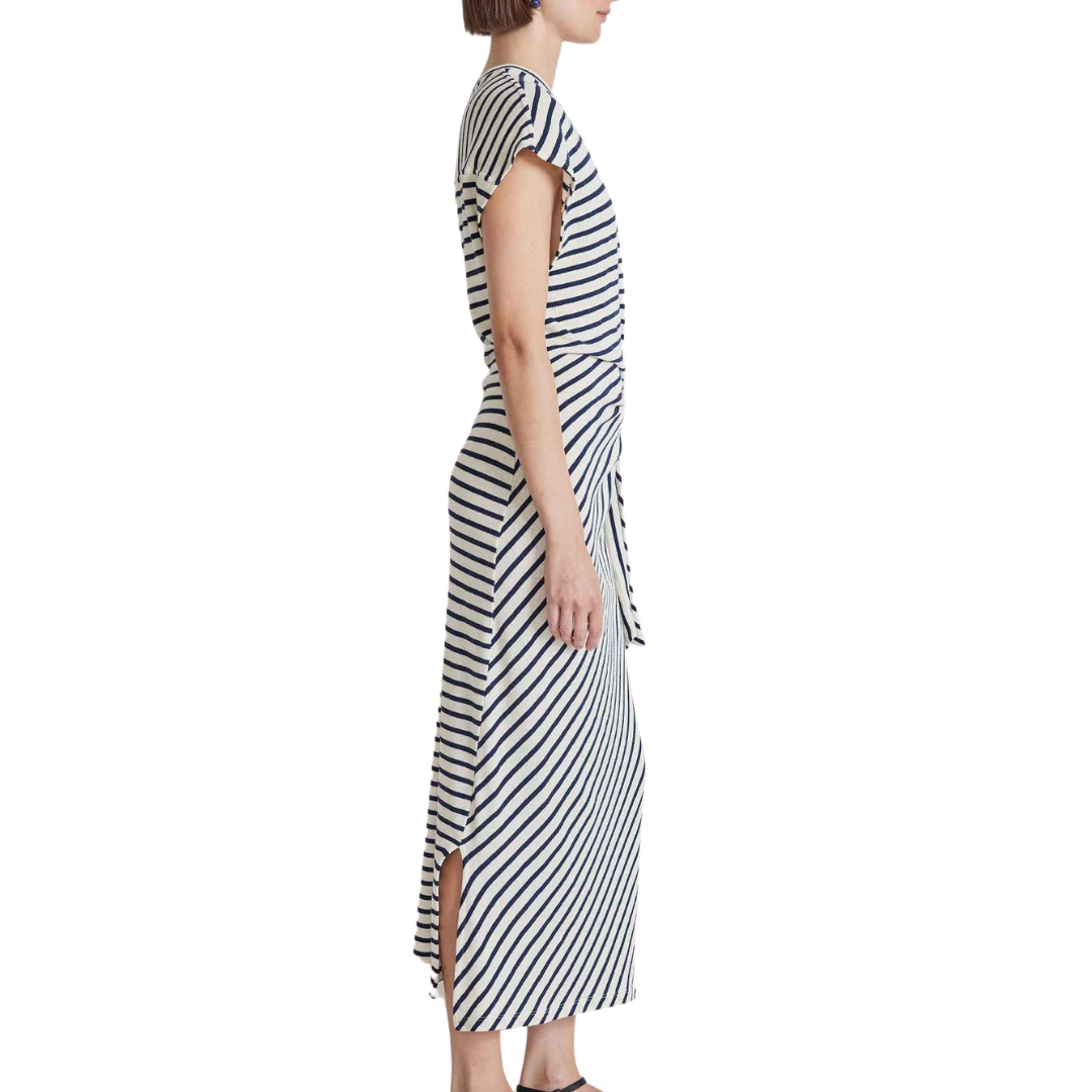 Vanina Cinched Waist Dress in Navy Cream Stripe