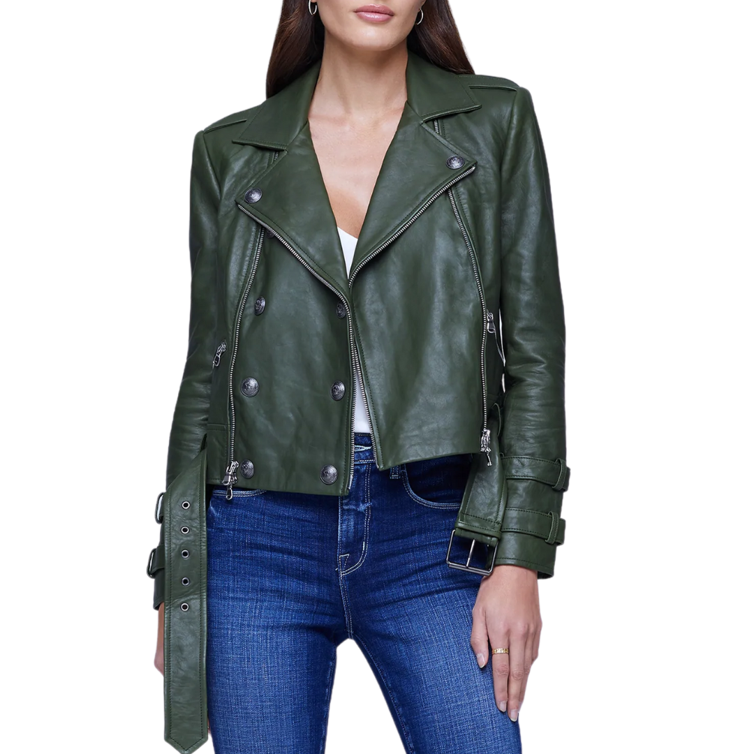 Billie Belted Leather Jacket in Dark Moss