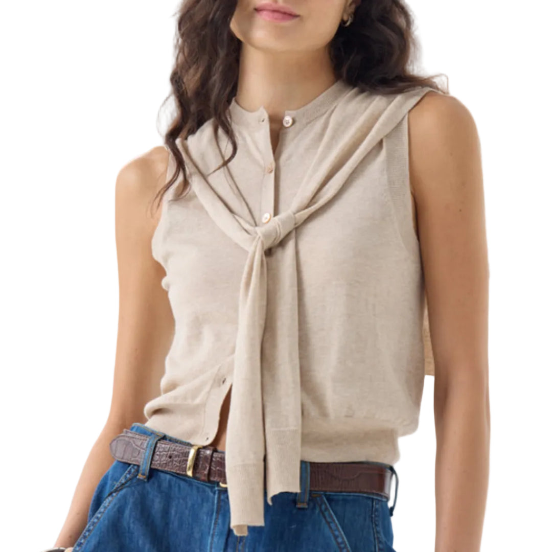 Sleeveless Button Front Vest W/ Tie Sleeves