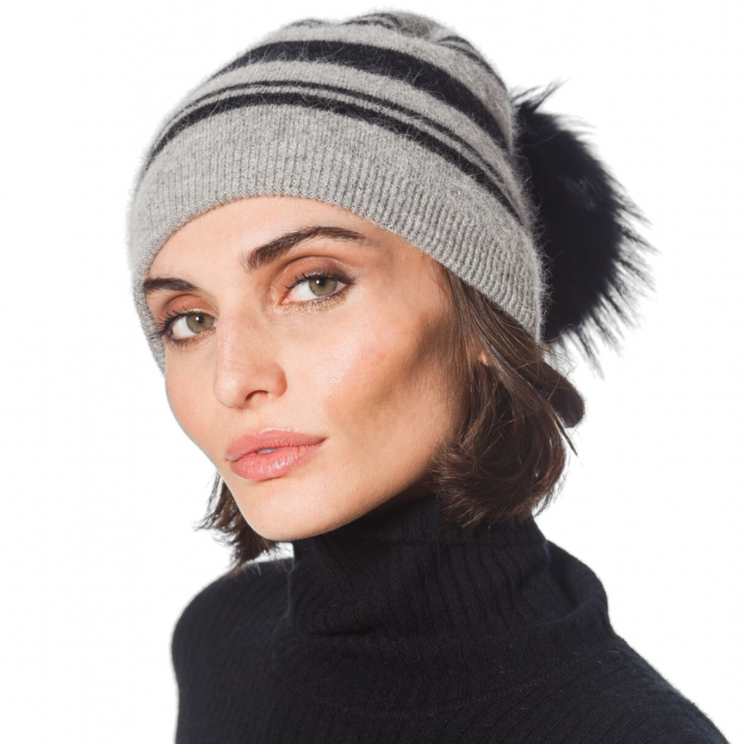 Slouch Stripe Block Pom Hat in Gray/Black