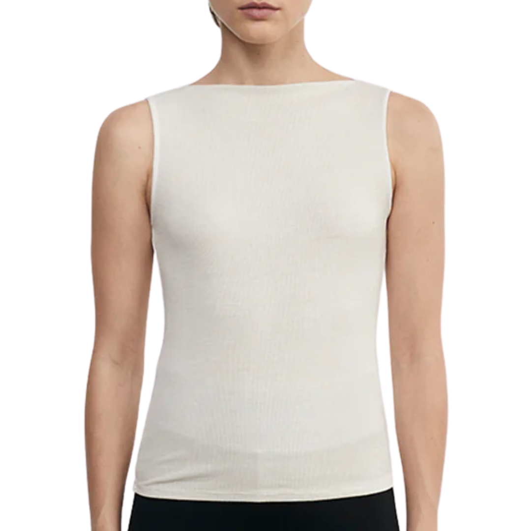 Silk Rib Sleeveless Boatneck in Canvas