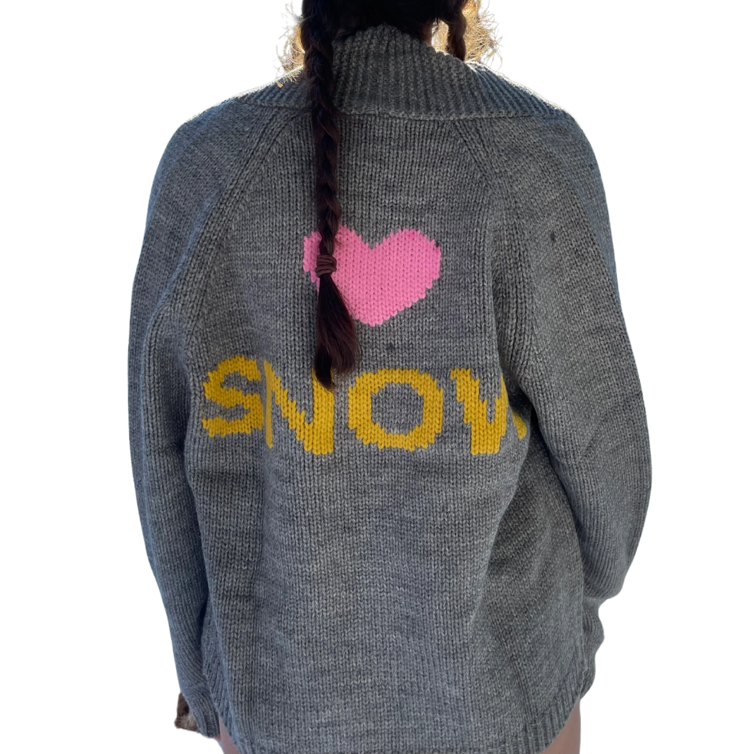 Chunky Heart Snow Letterman Sweater in Grey