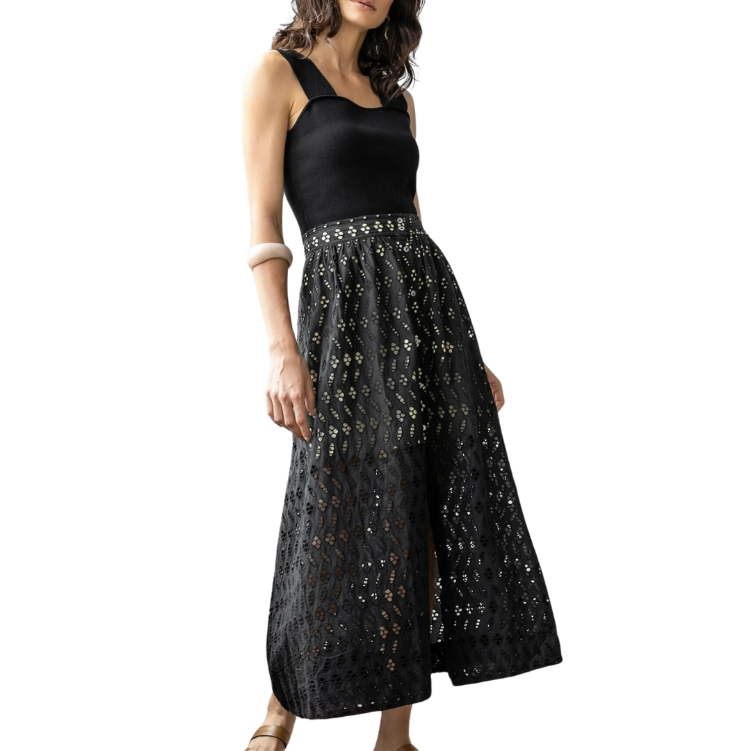 Eyelet Side-Button Maxi Skirt in Black