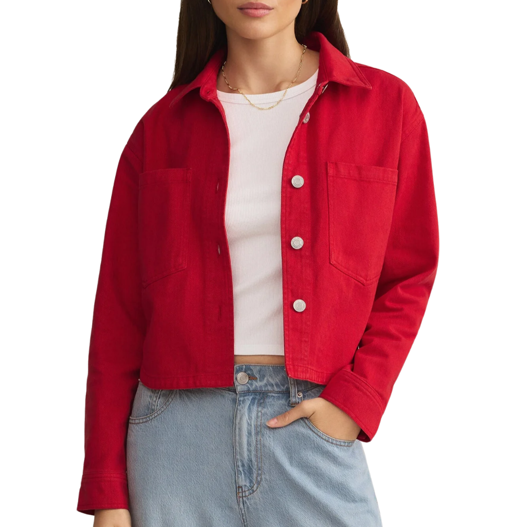 All Day Cropped Denim Jacket in Cherry