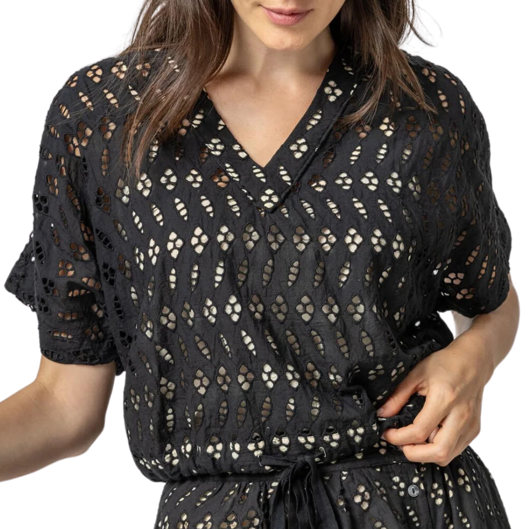 Eyelet Drawstring Dolman V-Neck in Black