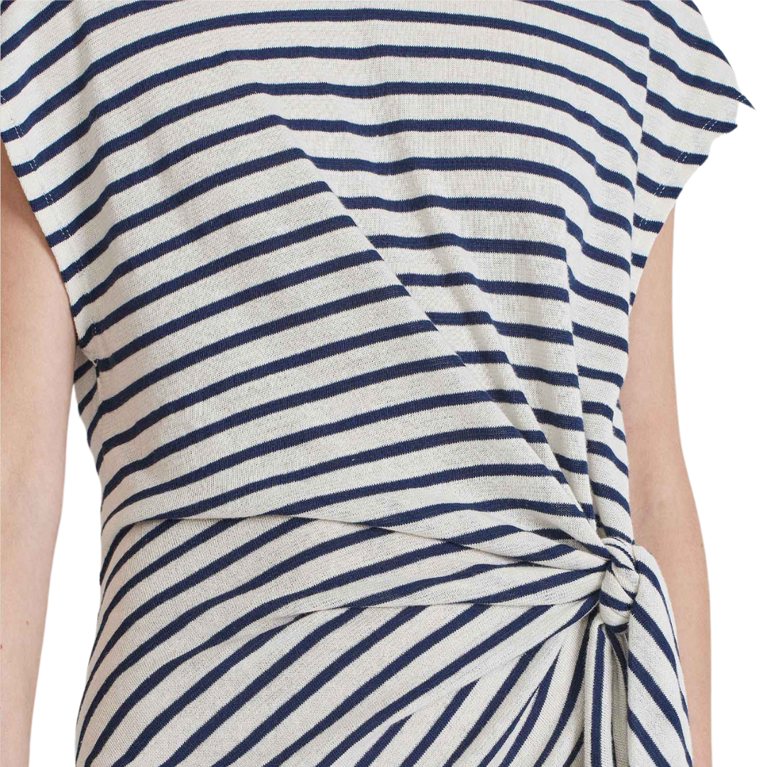 Vanina Cinched Waist Dress in Navy Cream Stripe