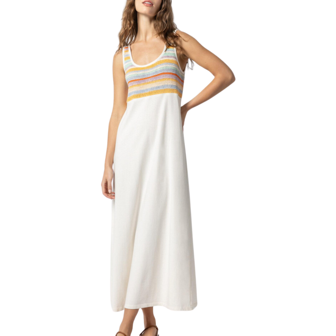 Crochet Insert Maxi Dress in White Multi