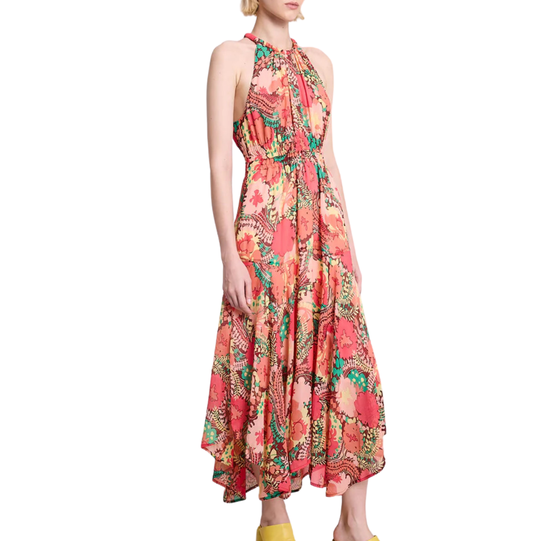 Ellie Silk Midi Dress in Bronze/Agave Multi