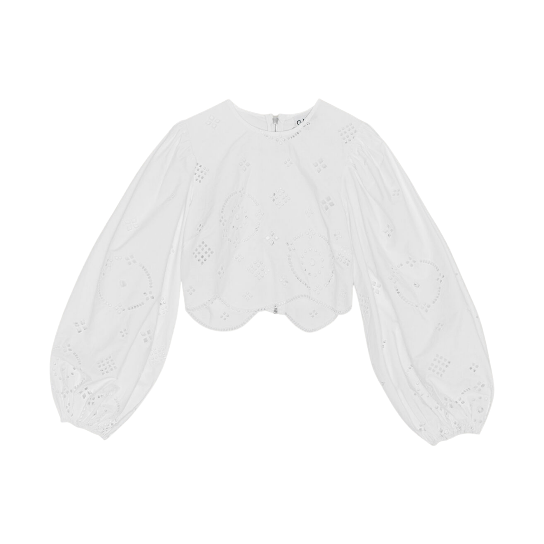 ★Ganni★ Embroidered Anglaise Balloon One Piece White Ganni Bright White Organic Cotton Broderie Anglaise Midi
