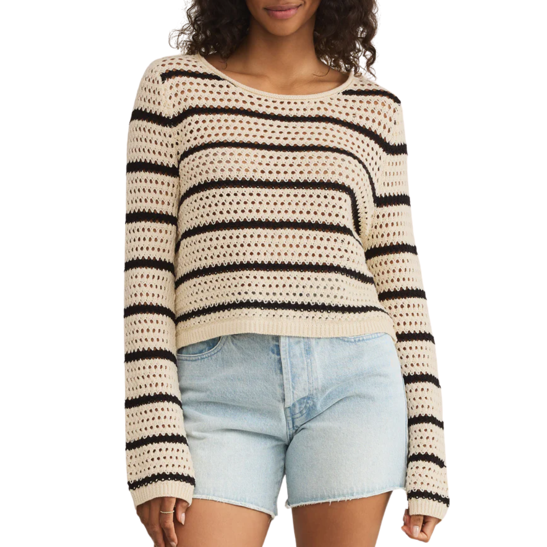 Kit Stripe Crochet Sweater in Sea Salt