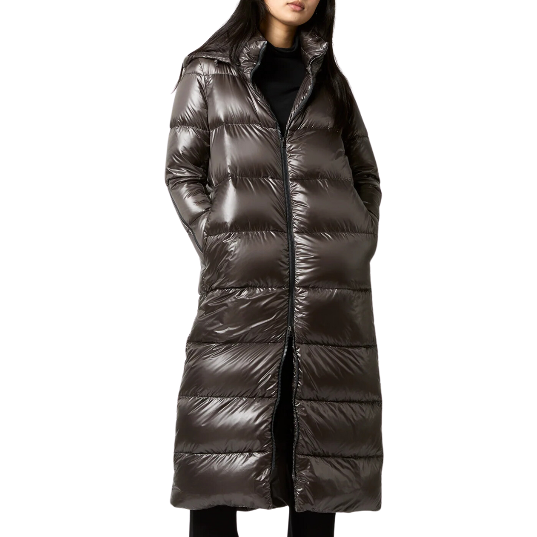 Shiny Nylon Long Coat in Charcoal
