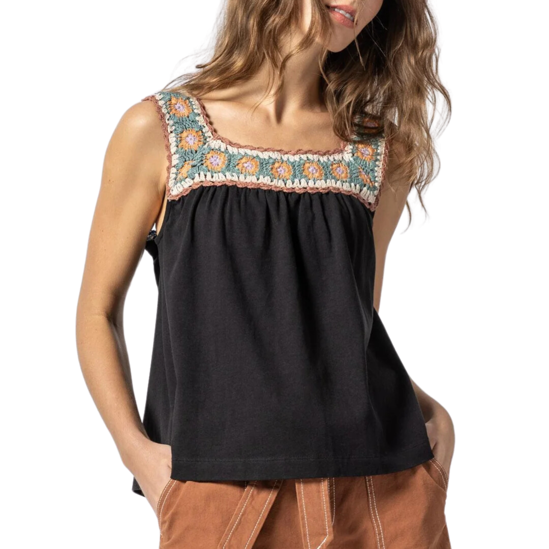 Crochet Trim Tank in Black Multi