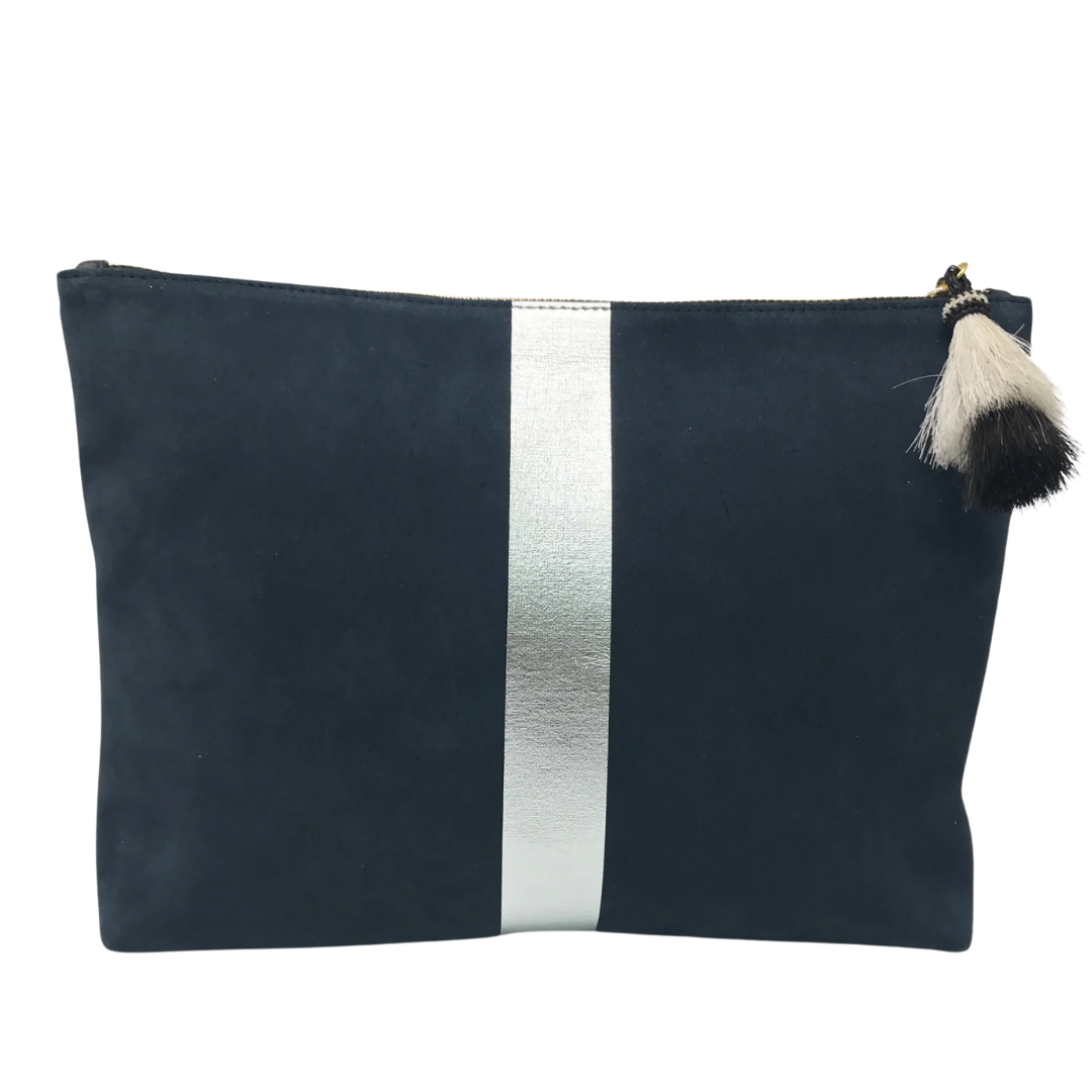 Striped Suede & Leather Medium Pouch in Navy/Silver