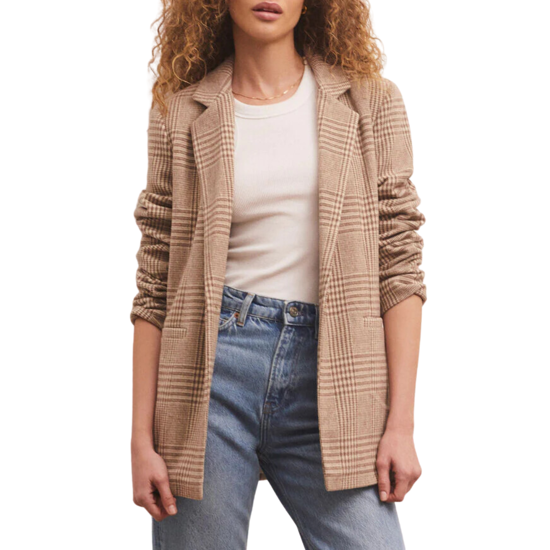 Anna Plaid Blazer in Milk Shake