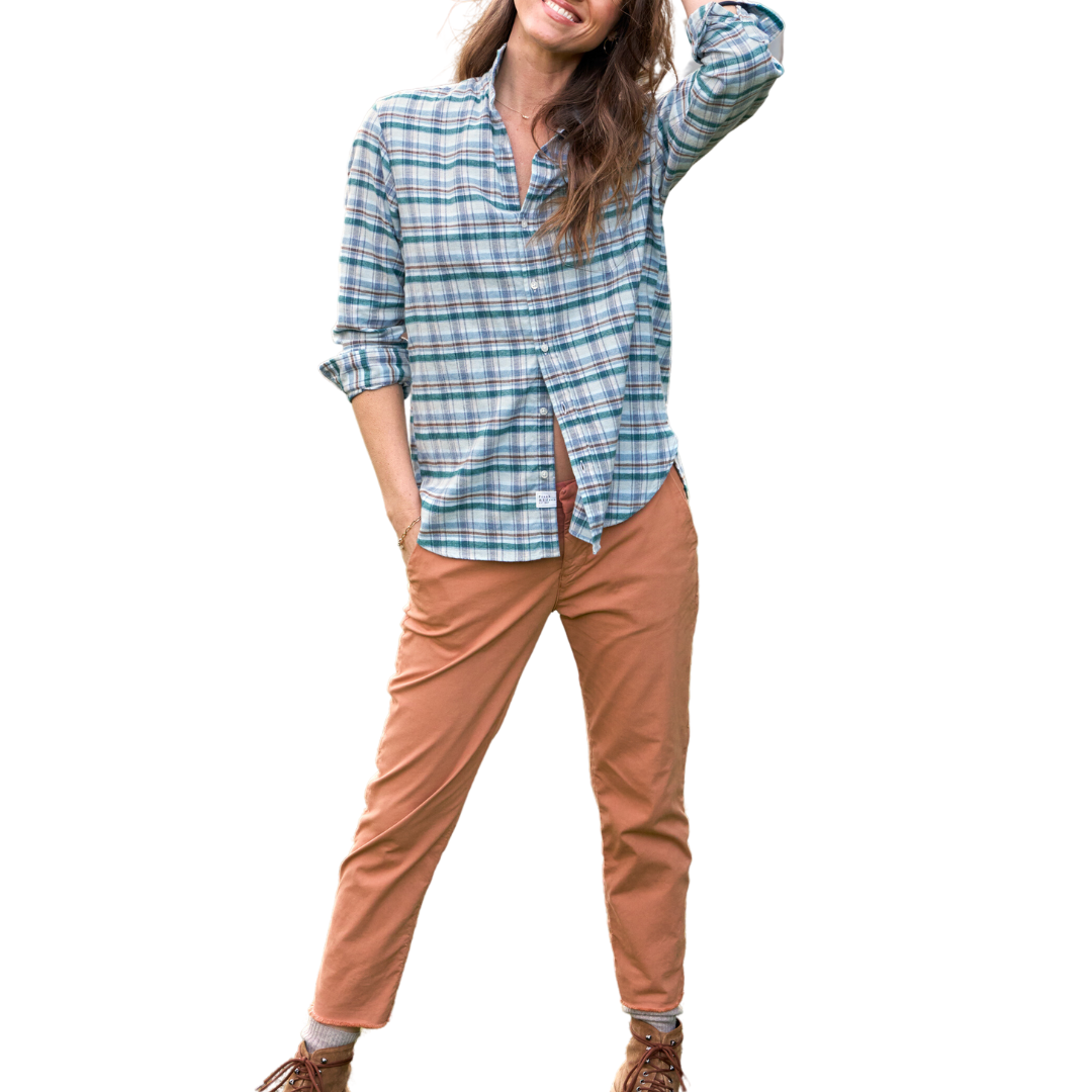 Joedy Boyfriend Button-Up Shirt in Italian Flannel Cream, Green, Blue Plaid