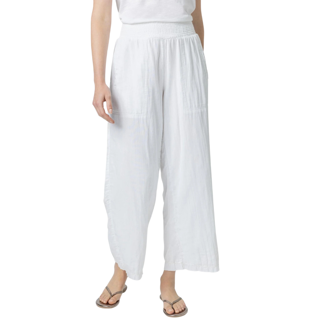Smocked Waist Full Leg Pant in White