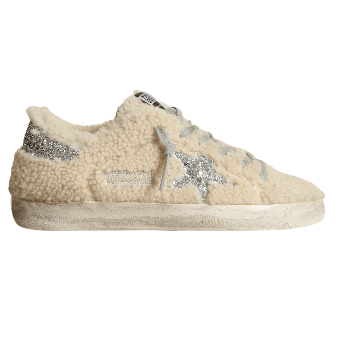 Golden Goose Super-Star Shearling Sneakers in Beige/Silver in Vermont