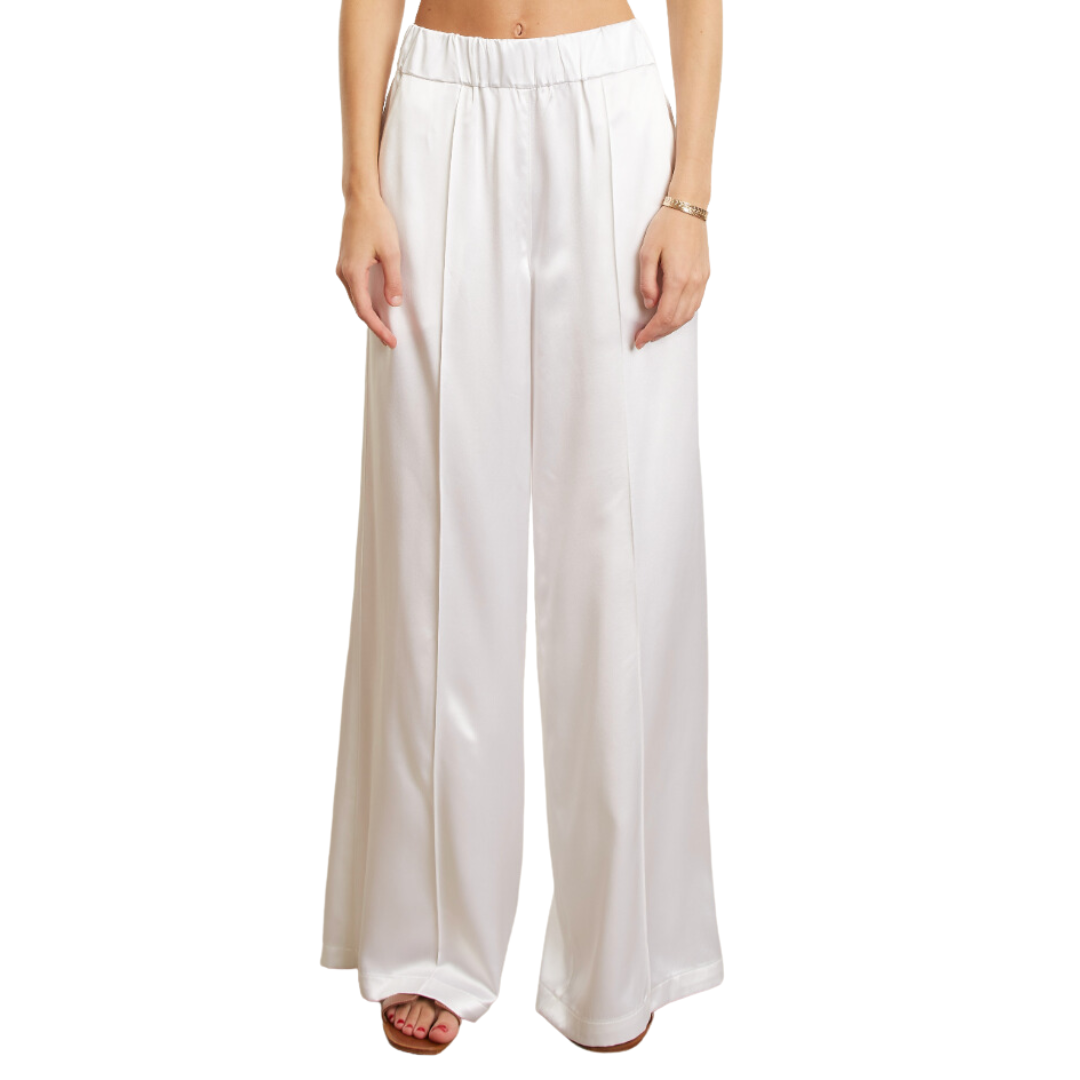 Silk Wide Leg Pintuck Pants in White