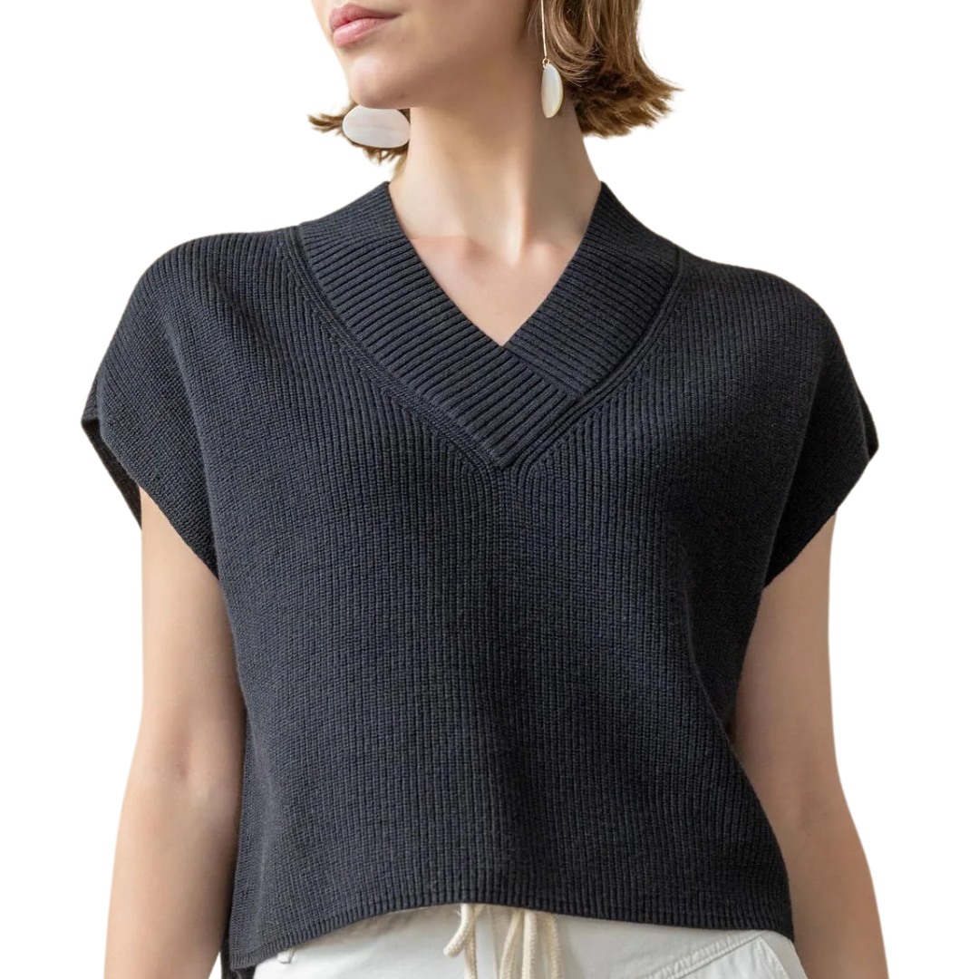 Wide Trim V-Neck Sweater in Black