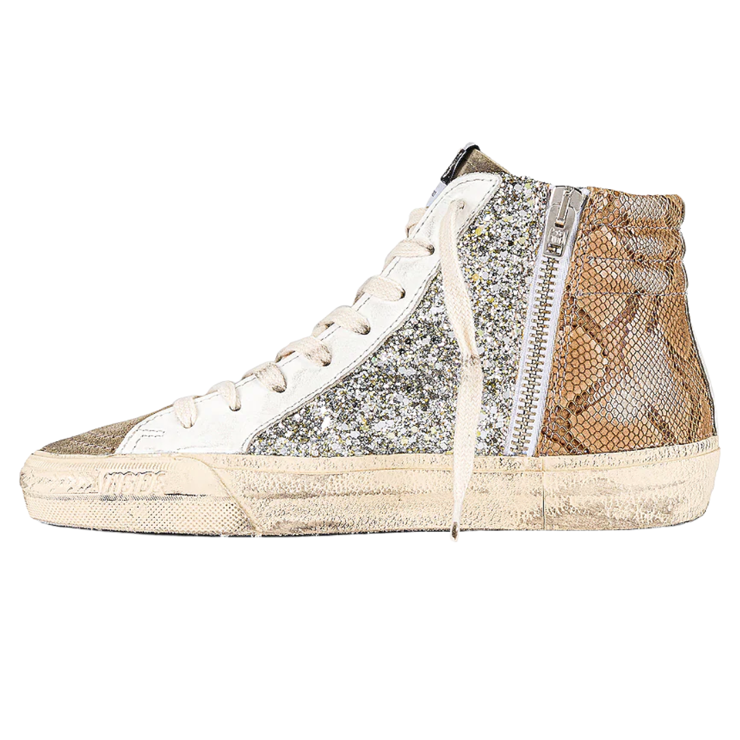 Slide Mid-Top Snake Glitter Sneakers in Platinum/Beige/Taupe