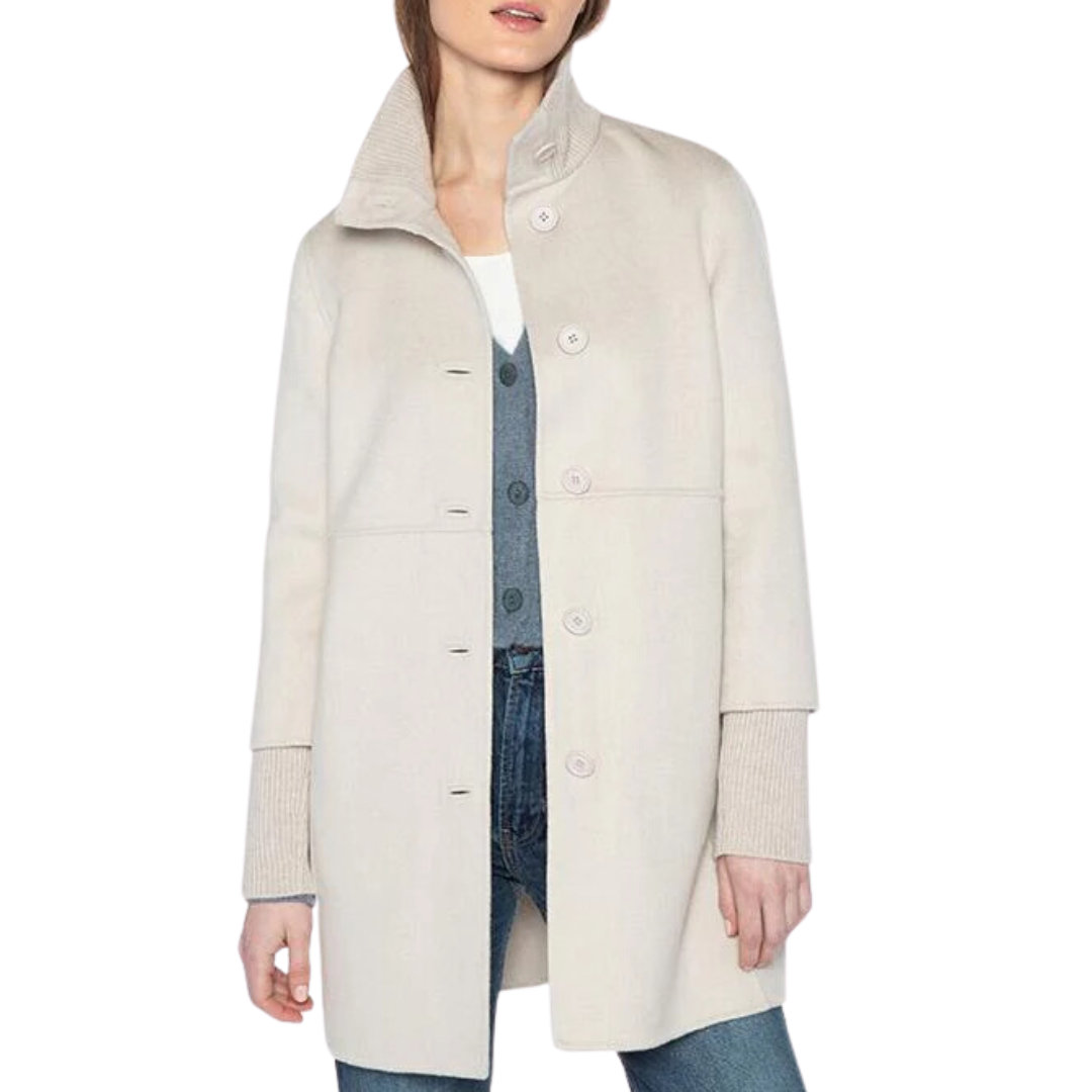 Button Front Knit Trim Coat in Birch