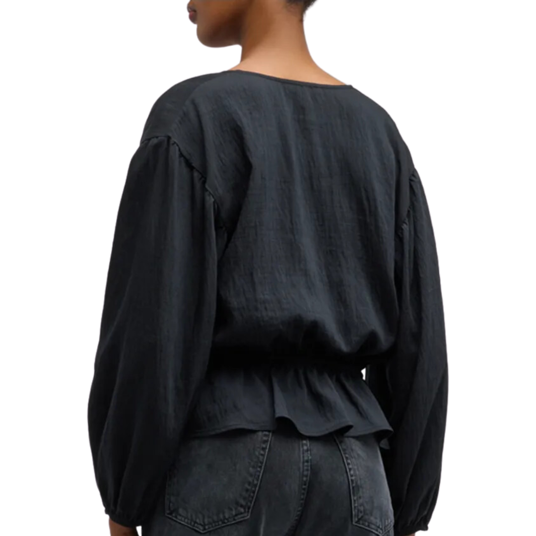 Abra Long-Sleeve Peplum-Hem Blouse in Black